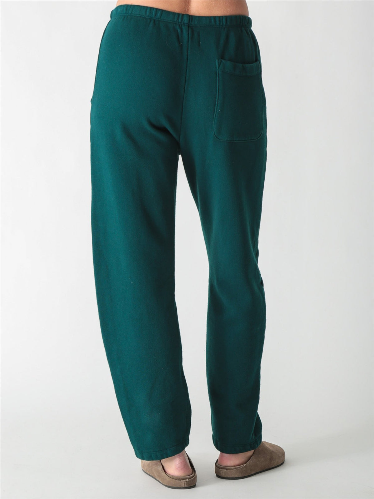 Dark teal green wide-leg fleece sweatpants featuring an elastic waistband, side pockets, and knee panel seam details.
