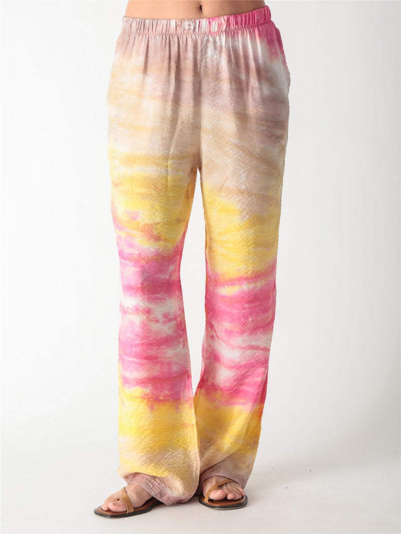 Pink and yellow tie-dye relaxed wide-leg trousers with an elastic waistband.