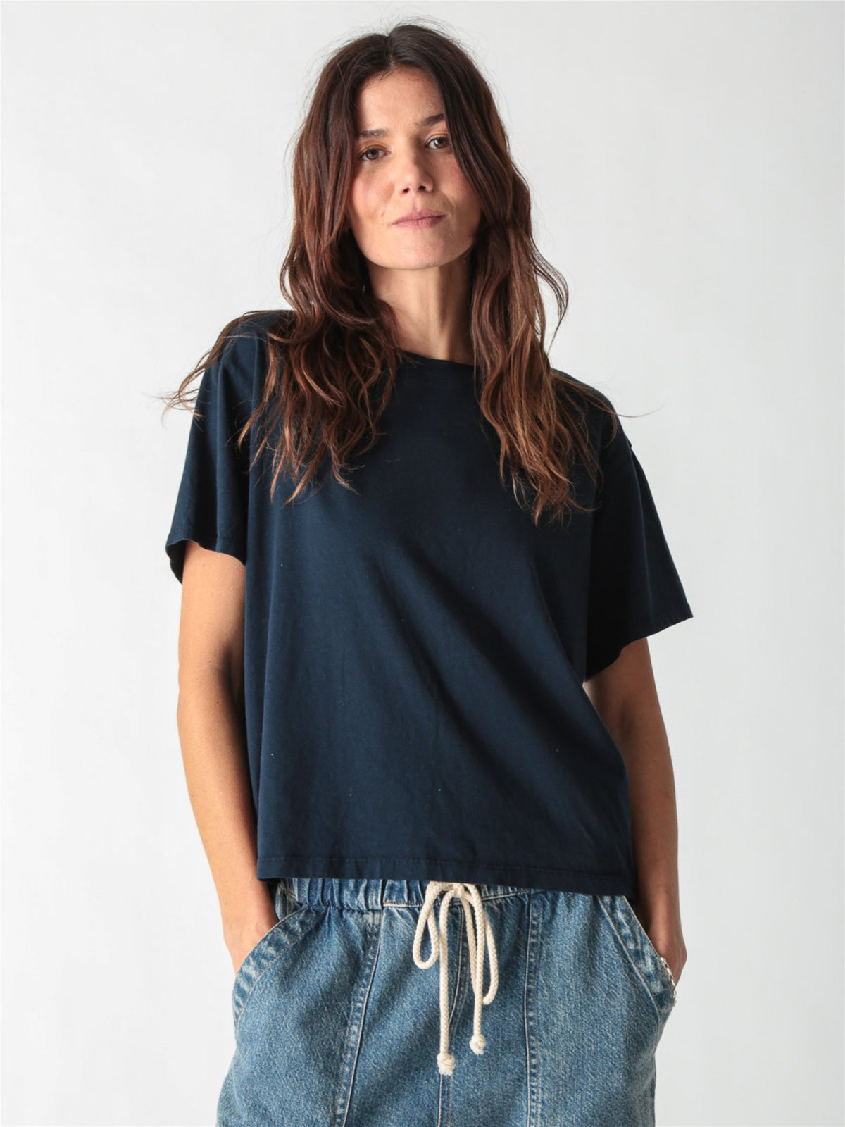 Dark navy blue relaxed-fit short-sleeve t-shirt with a crew neckline.