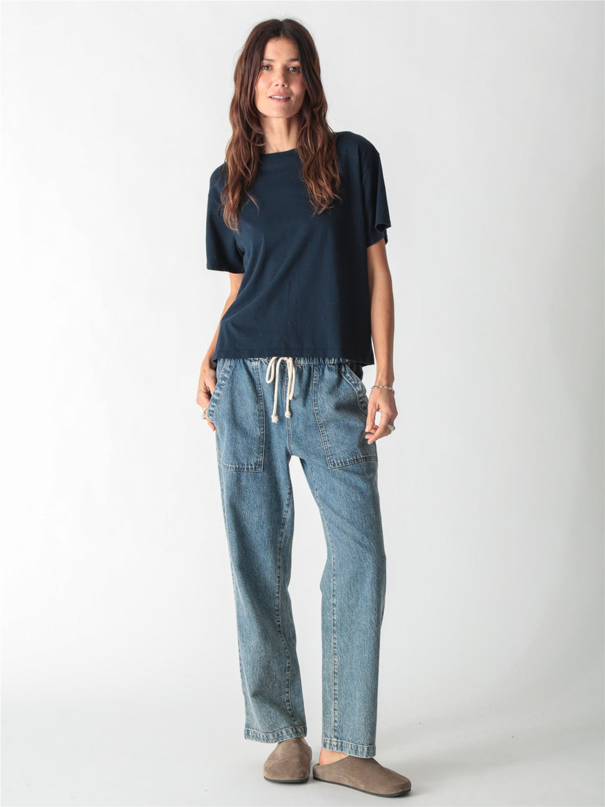 Dark navy blue relaxed-fit short-sleeve t-shirt with a crew neckline.