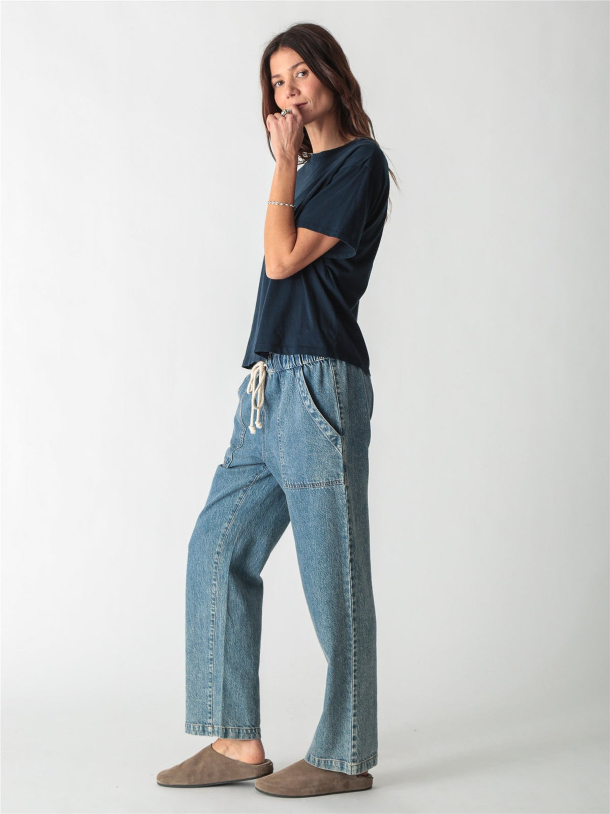 Dark navy blue relaxed-fit short-sleeve t-shirt with a crew neckline.