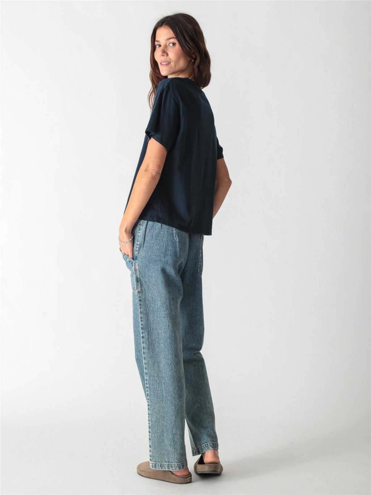 Dark navy blue relaxed-fit short-sleeve t-shirt with a crew neckline.